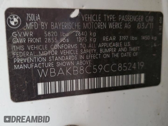 2012 BMW 7 Series 750Li с VIN WBAKB8C59CC852419, выставлен на аукционе Copart как лот 53736305 с пробегом 150 224 миль миль и Списание • Salvage title. История ставок и продаж доступна на DreamBid. Изображение 12.