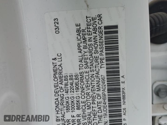 2023 Acura Integra Technology с VIN 19UDE4H69PA024967, выставлен на аукционе Copart как лот 53134185 с пробегом 20 712 миль миль и Списание • Salvage title. История ставок и продаж доступна на DreamBid. Изображение 12.