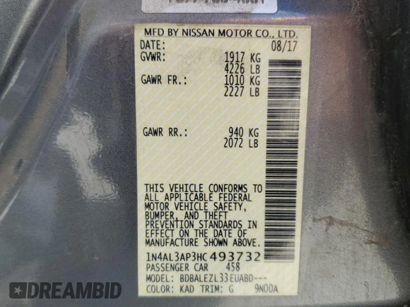 2017 Nissan Altima 2.5 SV with VIN 1N4AL3AP3HC493732, listed as a Copart auction lot 52744195 with 95,980 mi miles and Clean Title. Bid and sale history available at carsss.com. Image 12.