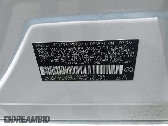 2007 Lexus ES 330 z VIN JTHBJ46GX72112464, wystawiony jako IAAI lot #42534799 z przebiegiem 120 539 mil mil oraz . Historia ofert i sprzedaży dostępna na DreamBid. Obrazek 9.