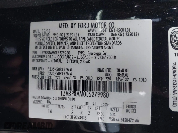 2014 Ford Mustang V6 with VIN 1ZVBP8AM0E5279980, listed as a IAAI auction lot 41943672 with 161,987 mi miles. Bid and sale history available at carsss.com. Image 9.