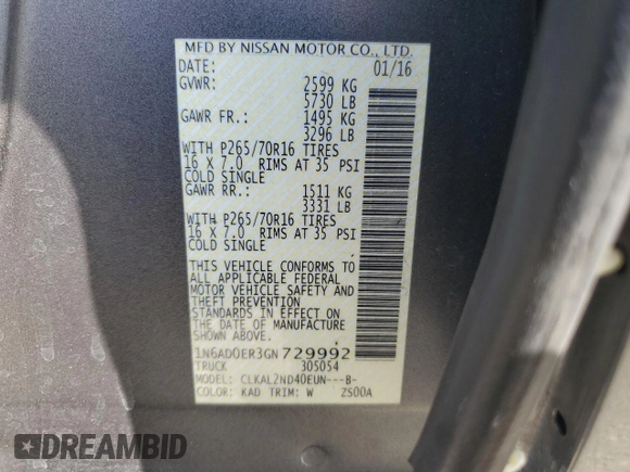 2016 Nissan Frontier SV with VIN 1N6AD0ER3GN729992, listed as a Copart auction lot 61014915 with 102,422 mi miles and Salvage title. Bid and sale history available at DreamBid. Image 12.