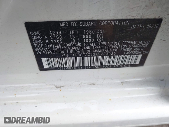 2019 Subaru Impreza Premium with VIN 4S3GTAC62K3704035, listed as a IAAI auction lot 42025822 with 76,067 mi miles and . Bid and sale history available at DreamBid. Image 9.