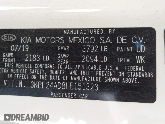 2020 Kia Forte LXS z VIN 3KPF24AD8LE151323, wystawiony jako IAAI lot #41769008 z przebiegiem 137 464 mil mil oraz . Historia ofert i sprzedaży dostępna na DreamBid. Obrazek 9.