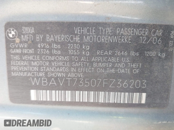 2007 BMW 3 Series 328xi with VIN WBAVT73507FZ36203, listed as a IAAI auction lot 42709273 with 208,428 mi miles and . Bid and sale history available at DreamBid. Image 9.