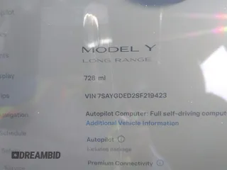 2025 Tesla Model Y Long Range with VIN 7SAYGDED2SF219423, listed as a IAAI auction lot 40984912 with 728 mi miles and . Bid and sale history available at DreamBid. Image 7.