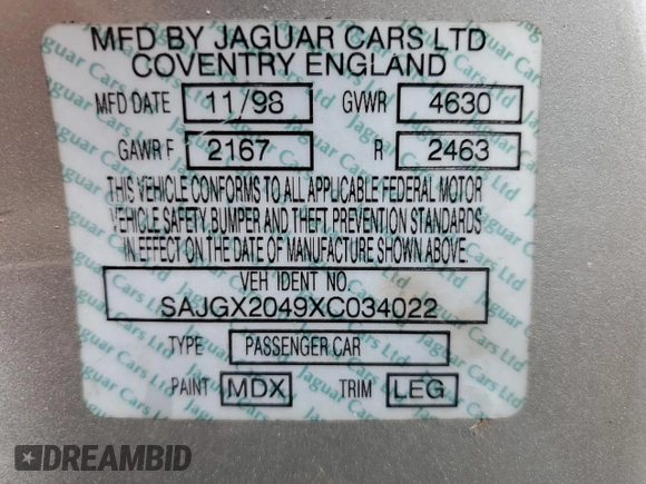 1999 Jaguar XK z VIN SAJGX2049XC034022, wystawiony jako Copart lot #55690025 z przebiegiem Nie podano mil oraz Tytuł czysty. Historia ofert i sprzedaży dostępna na DreamBid. Obrazek 12.