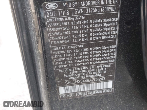 2009 Land Rover Range Rover Sport SC z VIN SALSH23449A203243, wystawiony jako IAAI lot #42046645 z przebiegiem 173 858 mil mil oraz . Historia ofert i sprzedaży dostępna na DreamBid. Obrazek 9.