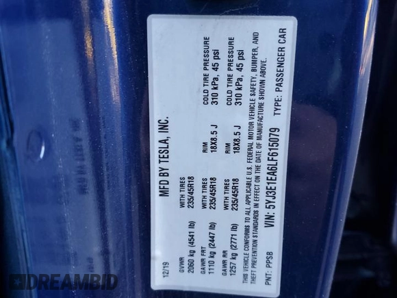 2020 Tesla Model 3 Standard Range Plus with VIN 5YJ3E1EA6LF615079, listed as a Copart auction lot 44259525 with 25,464 mi miles and Salvage Title. Bid and sale history available at DreamBid. Image 15.