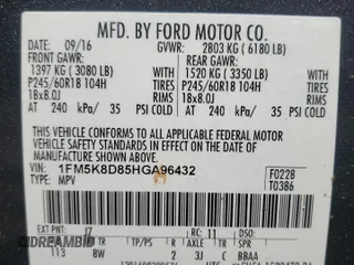 2017 Ford Explorer XLT z VIN 1FM5K8D85HGA96432, wystawiony jako Copart lot #55010315 z przebiegiem 108 632 mil mil oraz Szkoda całkowita • Salvage title. Historia ofert i sprzedaży dostępna na DreamBid. Obrazek 13.