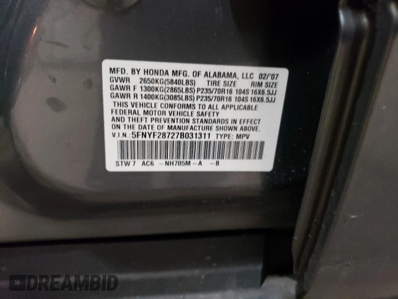 2007 Honda Pilot EX-L with VIN 5FNYF28727B031311, listed as a Copart auction lot 45973705 with 211,530 mi miles and Salvage Title. Bid and sale history available at DreamBid. Image 13.