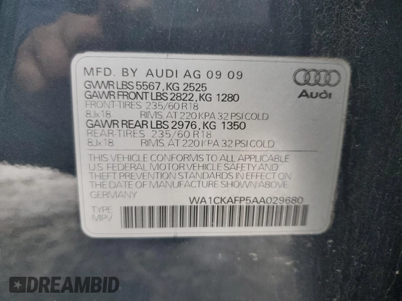 2010 Audi Q5 Premium with VIN WA1CKAFP5AA029680, listed as a Copart auction lot 42488425 with 174,198 mi miles and Salvage Title. Bid and sale history available at carsss.com. Image 13.