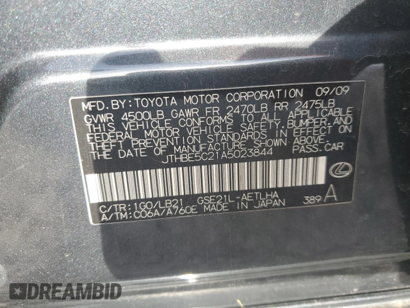 2010 Lexus IS 350 with VIN JTHBE5C21A5023844, listed as a Copart auction lot 45575085 with 138,172 mi miles and Salvage Title. Bid and sale history available at DreamBid. Image 12.