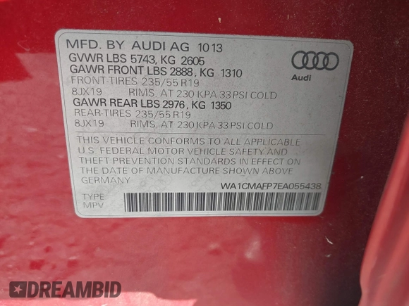 2014 Audi Q5 Premium Plus with VIN WA1CMAFP7EA055438, listed as a IAAI auction lot 41983167 with 157,166 mi miles and . Bid and sale history available at DreamBid. Image 9.