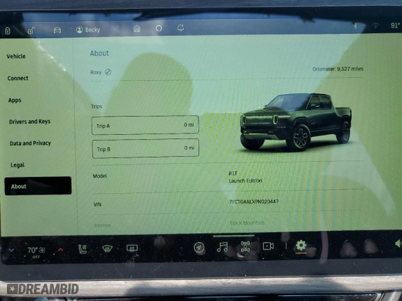 2023 Rivian R1T Launch Edition with VIN 7FCTGAALXPN020447, listed as a Copart auction lot 54154844 with 9,527 mi miles and Non Repairable. Bid and sale history available at carsss.com. Image 9.
