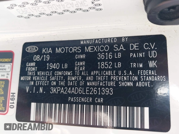 2020 Kia Rio S with VIN 3KPA24AD6LE261393, listed as a IAAI auction lot 41841919 with 73,649 mi miles. Bid and sale history available at carsss.com. Image 9.