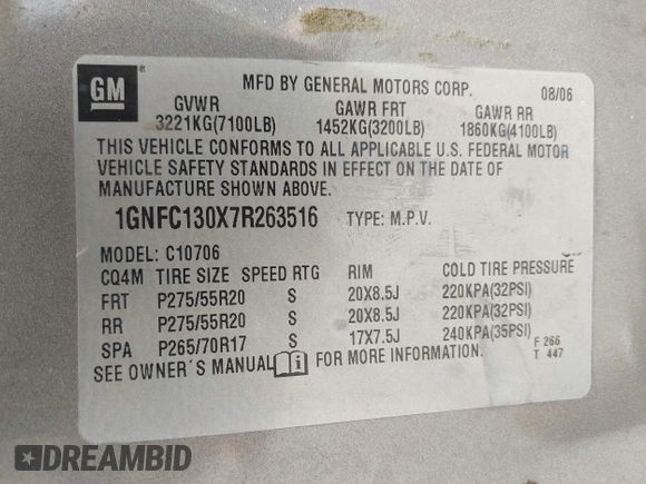 2007 Chevrolet Tahoe LT z VIN 1GNFC130X7R263516, wystawiony jako IAAI lot #42259629 z przebiegiem 215 970 mil mil oraz . Historia ofert i sprzedaży dostępna na DreamBid. Obrazek 9.