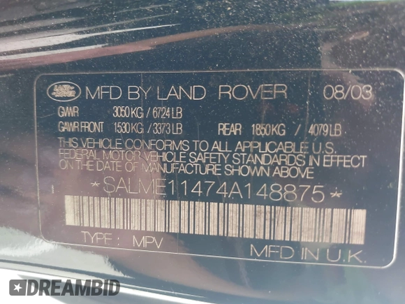 2004 Land Rover Range Rover HSE with VIN SALME11474A148875, listed as a IAAI auction lot 42134760 with Not provided miles and . Bid and sale history available at DreamBid. Image 9.