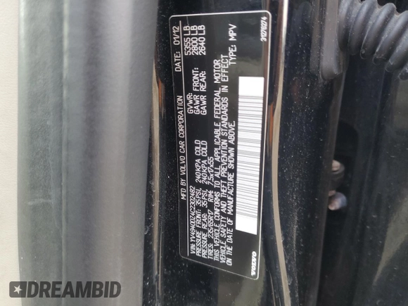 2012 Volvo XC60 PZEV with VIN YV4940DZ4C2302482, listed as a Copart auction lot 61491205 with 92,967 mi miles and Salvage title. Bid and sale history available at DreamBid. Image 12.