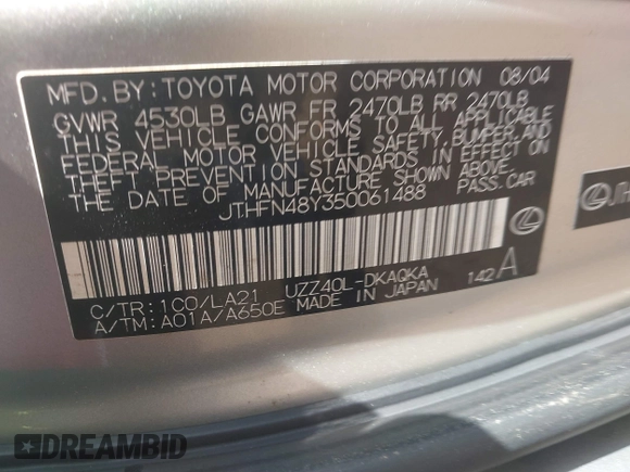 2005 Lexus SC 430 z VIN JTHFN48Y350061488, wystawiony jako IAAI lot #41437562 z przebiegiem 146 442 mil mil oraz . Historia ofert i sprzedaży dostępna na DreamBid. Obrazek 9.