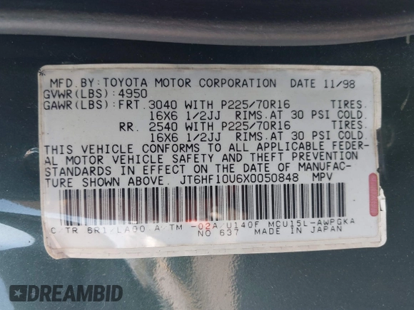 1999 Lexus RX 300 Luxury SUV with VIN JT6HF10U6X0050848, listed as a IAAI auction lot 41496765 with 155,086 mi miles. Bid and sale history available at carsss.com. Image 9.