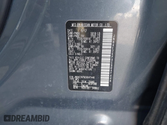 2012 Nissan Quest SL with VIN JN8AE2KP9C9047446, listed as a IAAI auction lot 41666410 with 153,719 mi miles and . Bid and sale history available at carsss.com. Image 9.