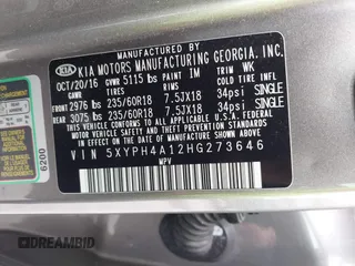2017 Kia Sorento EX with VIN 5XYPH4A12HG273646, listed as a IAAI auction lot 42443730 with 121,647 mi miles and . Bid and sale history available at DreamBid. Image 9.