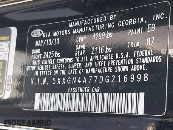 2013 Kia Optima EX with VIN 5XXGN4A77DG216998, listed as a IAAI auction lot 42102377 with 204,354 mi miles. Bid and sale history available at carsss.com. Image 9.