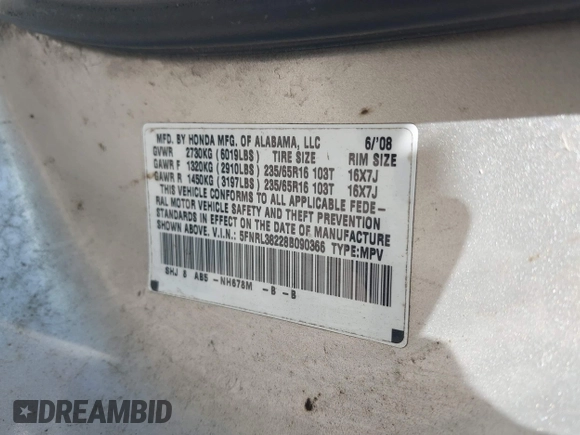 2008 Honda Odyssey LX with VIN 5FNRL38228B090366, listed as a IAAI auction lot 42336820 with 319,401 mi miles and . Bid and sale history available at DreamBid. Image 9.