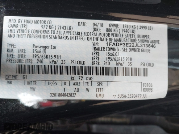 2018 Ford Focus S with VIN 1FADP3E22JL313646, listed as a IAAI auction lot 41903662 with 37,244 mi miles. Bid and sale history available at carsss.com. Image 9.