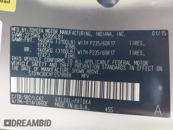 2015 Toyota Sienna XLE with VIN 5TDYK3DCXFS578888, listed as a IAAI auction lot 42187384 with 105,287 mi miles and . Bid and sale history available at DreamBid. Image 9.