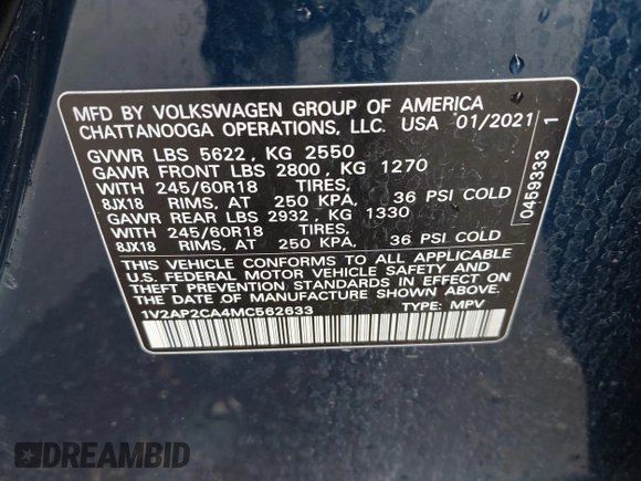 2021 Volkswagen Atlas S with VIN 1V2AP2CA4MC562633, listed as a IAAI auction lot 42115311 with 101,809 mi miles and . Bid and sale history available at DreamBid. Image 9.