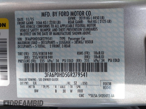 2016 Ford Fusion SE with VIN 3FA6P0HD5GR279541, listed as a IAAI auction lot 41849560 with 70,639 mi miles. Bid and sale history available at carsss.com. Image 9.