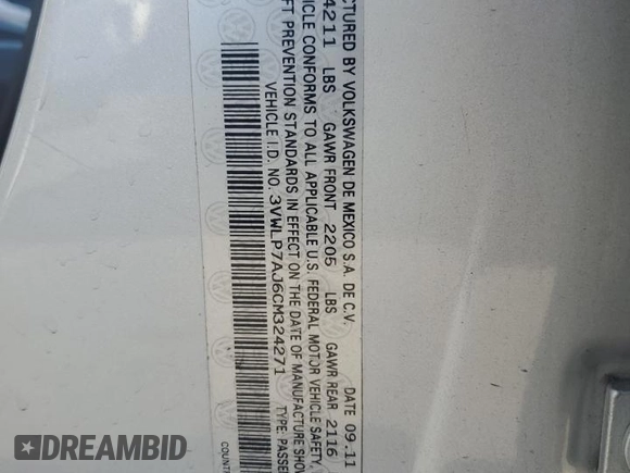 2012 Volkswagen Jetta SEL with VIN 3VWLP7AJ6CM324271, listed as a Copart auction lot 59986855 with 129,002 mi miles and Salvage title. Bid and sale history available at DreamBid. Image 12.