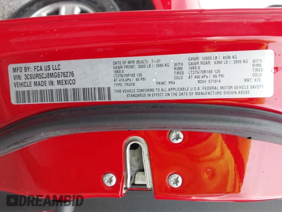2021 Ram 2500 Tradesman с VIN 3C6UR5CJ8MG676276, выставлен на аукционе IAAI как лот 41978531 с пробегом 107 717 миль миль и . История ставок и продаж доступна на DreamBid. Изображение 9.