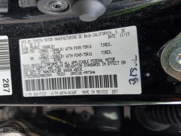2016 Toyota Tacoma SR5 with VIN 3TMDZ5BN2GM002949, listed as a Copart auction lot 43263985 with 136,748 mi miles and Salvage Title. Bid and sale history available at carsss.com. Image 12.