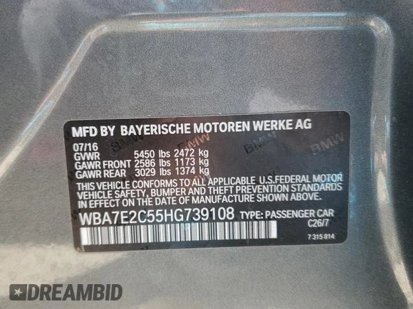 2017 BMW 7 Series 740i with VIN WBA7E2C55HG739108, listed as a Copart auction lot 53304715 with 114,510 mi miles and Salvage title. Bid and sale history available at DreamBid. Image 12.