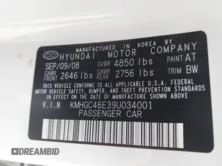 2009 Hyundai Genesis with VIN KMHGC46E39U034001, listed as a IAAI auction lot 42111636 with 116,358 mi miles and . Bid and sale history available at DreamBid. Image 9.
