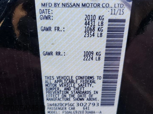 2016 Nissan LEAF S with VIN 1N4BZ0CP5GC302793, listed as a Copart auction lot 59897723 with 36,657 mi miles. Bid and sale history available at carsss.com. Image 14.