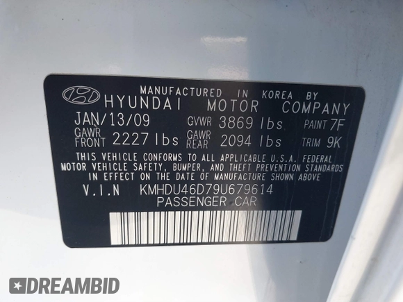 2009 Hyundai Elantra GLS with VIN KMHDU46D79U679614, listed as a IAAI auction lot 41774583 with 133,519 mi miles and . Bid and sale history available at DreamBid. Image 9.
