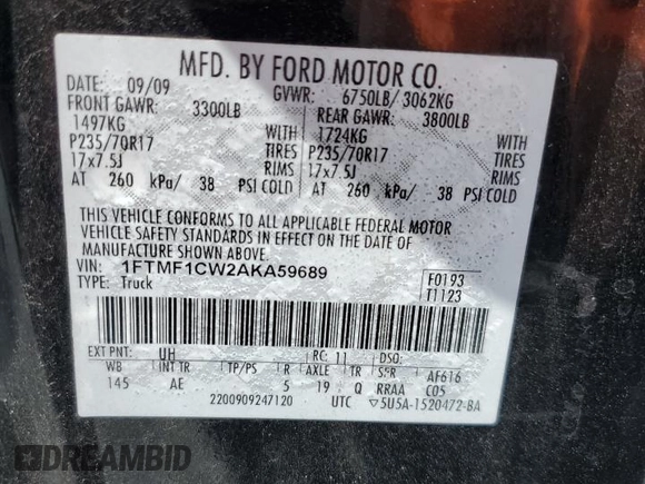 2010 Ford F-150 XL with VIN 1FTMF1CW2AKA59689, listed as a Copart auction lot 56910195 with 167,899 mi miles and Salvage title. Bid and sale history available at DreamBid. Image 12.