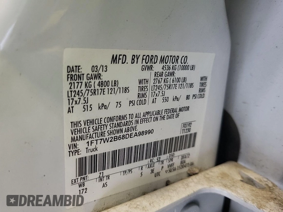 2013 Ford F-250 XL with VIN 1FT7W2B68DEA98990, listed as a IAAI auction lot 42641181 with 62,573 mi miles and . Bid and sale history available at DreamBid. Image 6.