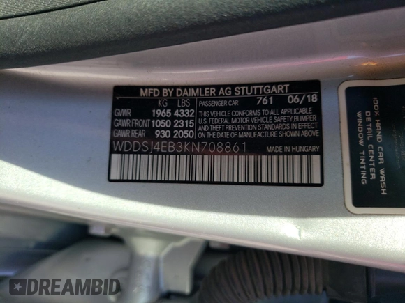 2019 Mercedes-Benz CLA with VIN WDDSJ4EB3KN708861, listed as a Copart auction lot 62657243 with 49,798 mi miles. Bid and sale history available at carsss.com. Image 12.