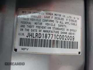 2001 Honda CR-V SE z VIN JHLRD18771C002009, wystawiony jako IAAI lot #42368432 z przebiegiem 257 664 mil mil oraz . Historia ofert i sprzedaży dostępna na DreamBid. Obrazek 9.
