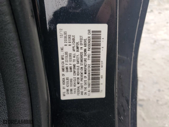 2013 Honda Accord Cpe EX-L with VIN 1HGCT1B84DA007242, listed as a Copart auction lot 42529245 with 239,636 mi miles and Salvage Title. Bid and sale history available at carsss.com. Image 12.