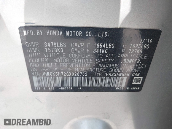 2016 Honda Fit EX with VIN JHMGK5H72GX028762, listed as a IAAI auction lot 42441874 with 98,778 mi miles and . Bid and sale history available at DreamBid. Image 9.