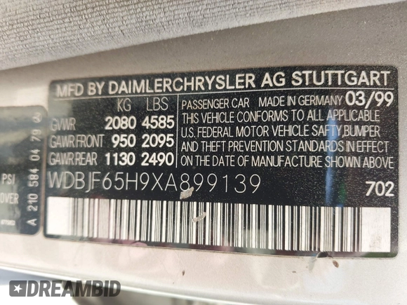1999 Mercedes-Benz E 320 with VIN WDBJF65H9XA899139, listed as a IAAI auction lot 42154260 with Not Provided miles and . Bid and sale history available at DreamBid. Image 9.