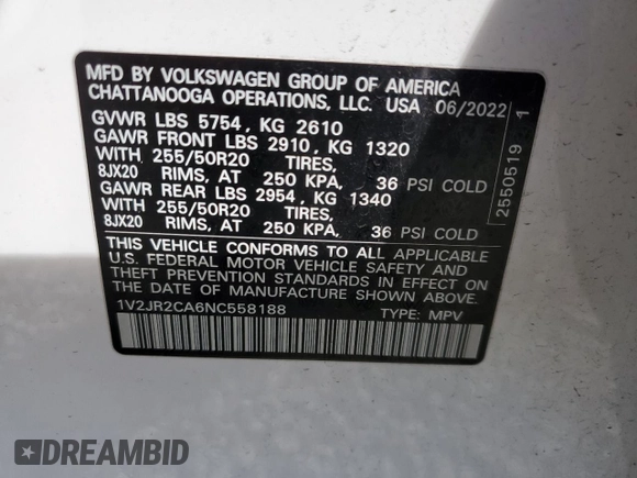 2022 Volkswagen Atlas SE with VIN 1V2JR2CA6NC558188, listed as a Copart auction lot 44167285 with 29,581 mi miles and Salvage title. Bid and sale history available at DreamBid. Image 13.