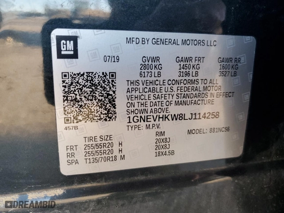 2020 Chevrolet Traverse LT Leather with VIN 1GNEVHKW8LJ114258, listed as a Copart auction lot 42013355 with 95,676 mi miles and Salvage Title. Bid and sale history available at carsss.com. Image 14.