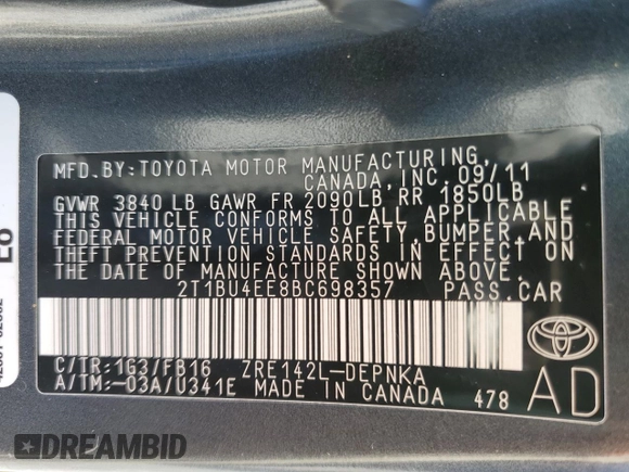 2011 Toyota Corolla L with VIN 2T1BU4EE8BC698357, listed as a Copart auction lot 52917175 with 182,519 mi miles and Clean Title. Bid and sale history available at carsss.com. Image 12.